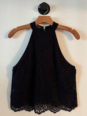 Bebe Black Lace Halter Neck Top, Small, Goth Lace Festival Crop Top